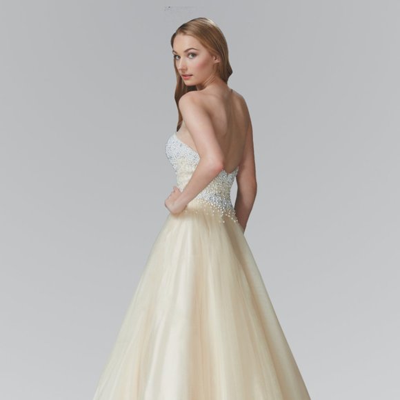 NEW LONG SLEEVELESS STRAPLESS A-LINE TULLE DRESS EMBROIDERED WITH PEARLS GL2155 - Picture 8 of 10